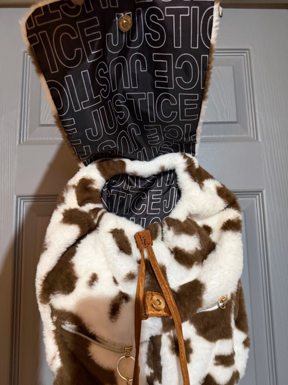 Justice Girls Faux Fur Cow Print Backpack Brown And White Sherpa Adjustable Stap - Picture 5 of 9